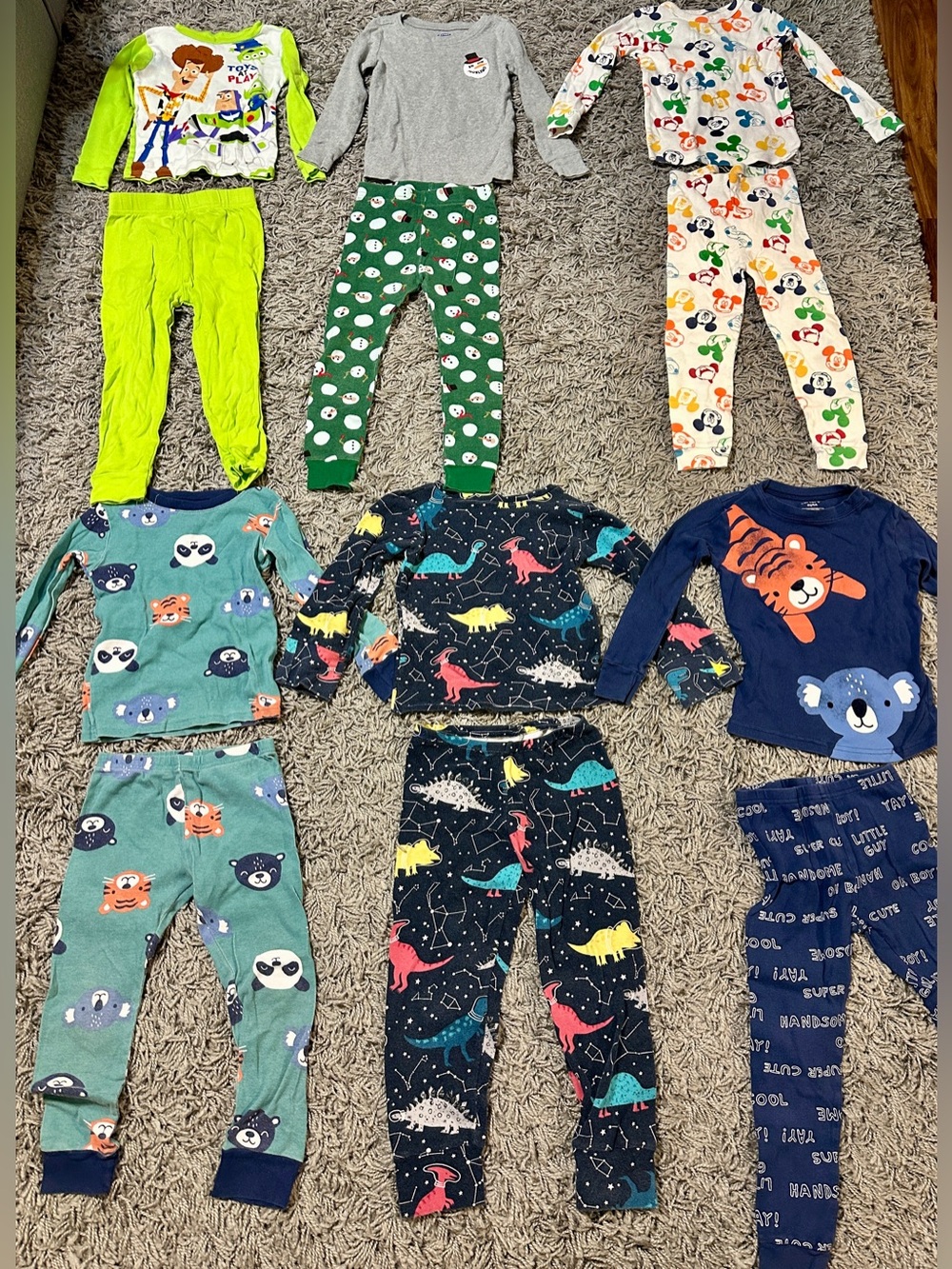 Carter's Mixed Character Kids Pajama Sets in Bright Greens, Navy, Teal and Cream